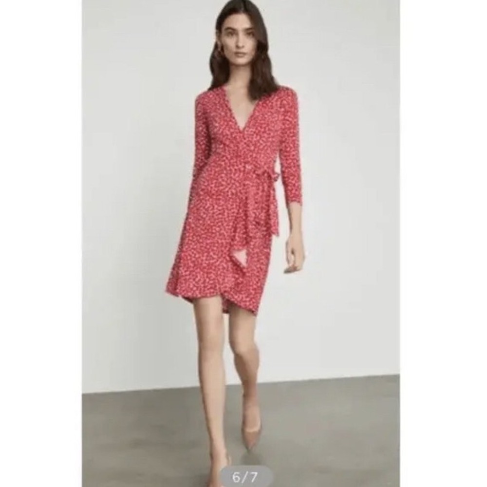 BCBGMAXAZRIA Women Red White Abstract V-Neck Mock Wrap Dress Medium M